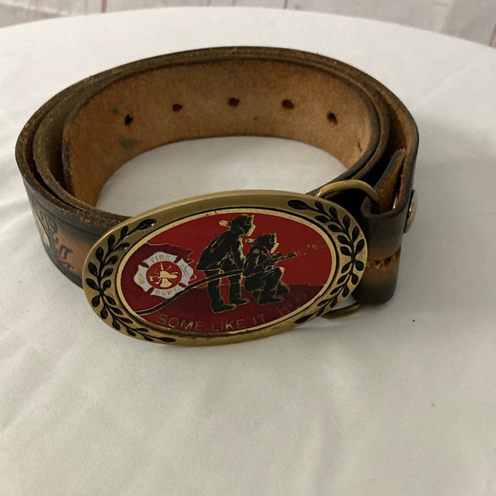 Heritage Buckles Leather Fireman’s Belt Brass Belt Buckle 33”- 38” and Belt